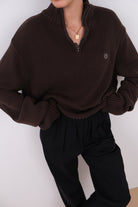 Vintage Espresso Cotton Quarter-Zip Sweater