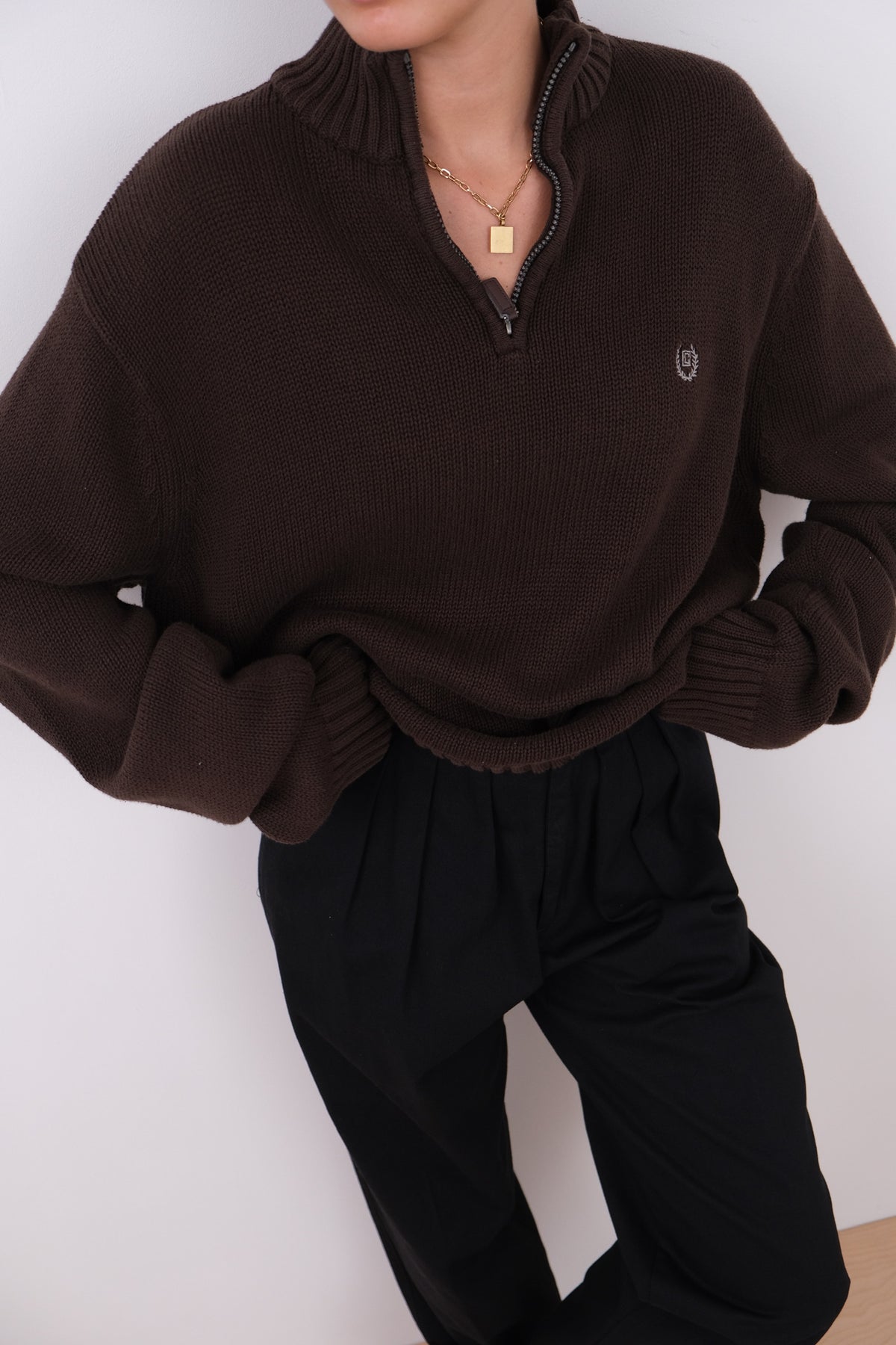 Vintage Espresso Cotton Quarter-Zip Sweater