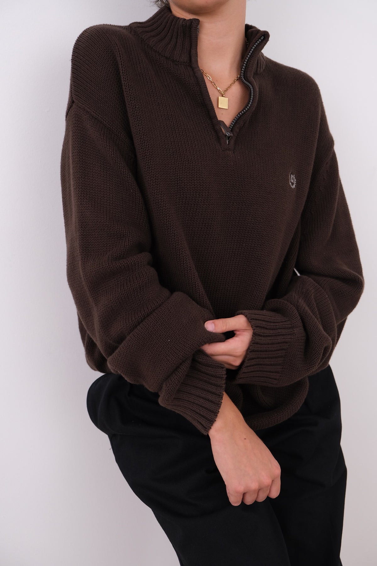 Vintage Espresso Cotton Quarter-Zip Sweater
