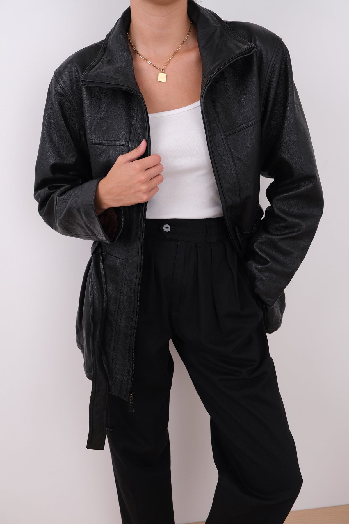 Vintage 90s Jet Leather Belted Zip-Front Jacket
