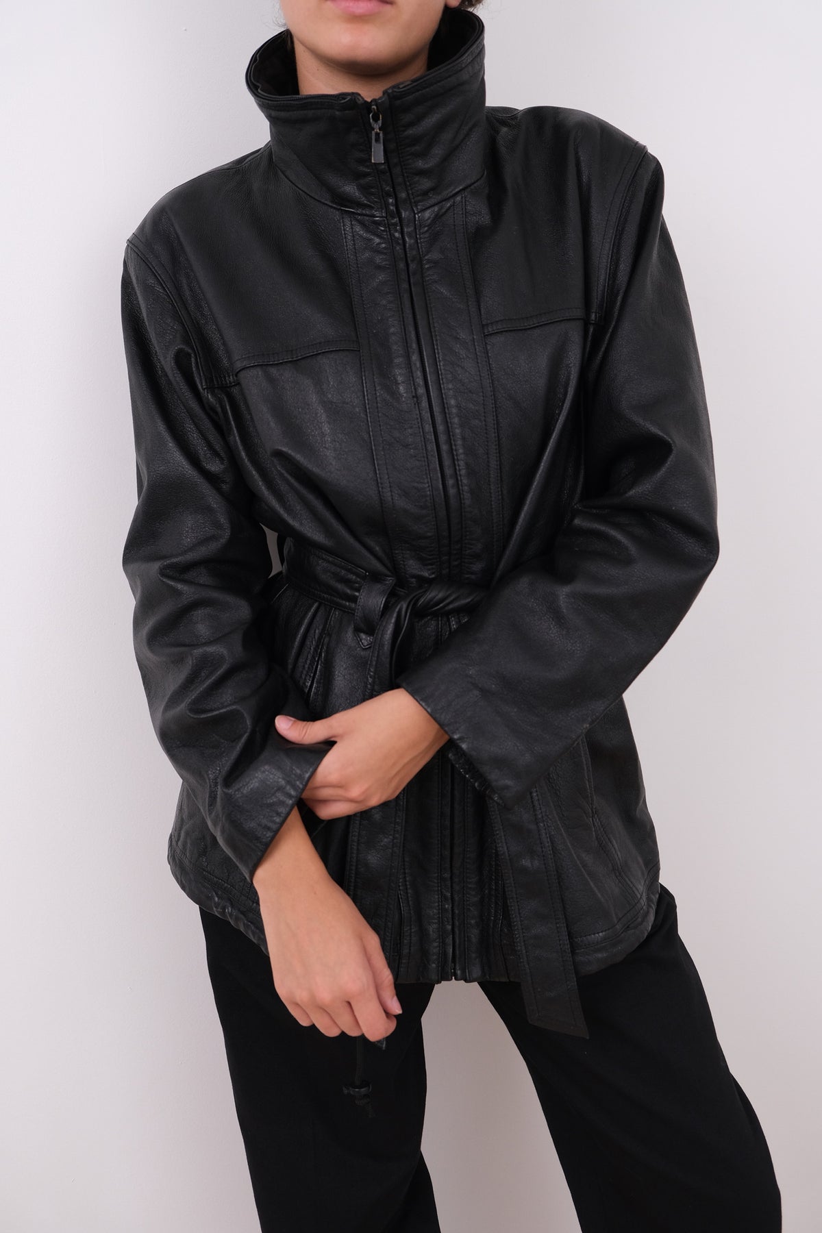 Vintage 90s Jet Leather Belted Zip-Front Jacket