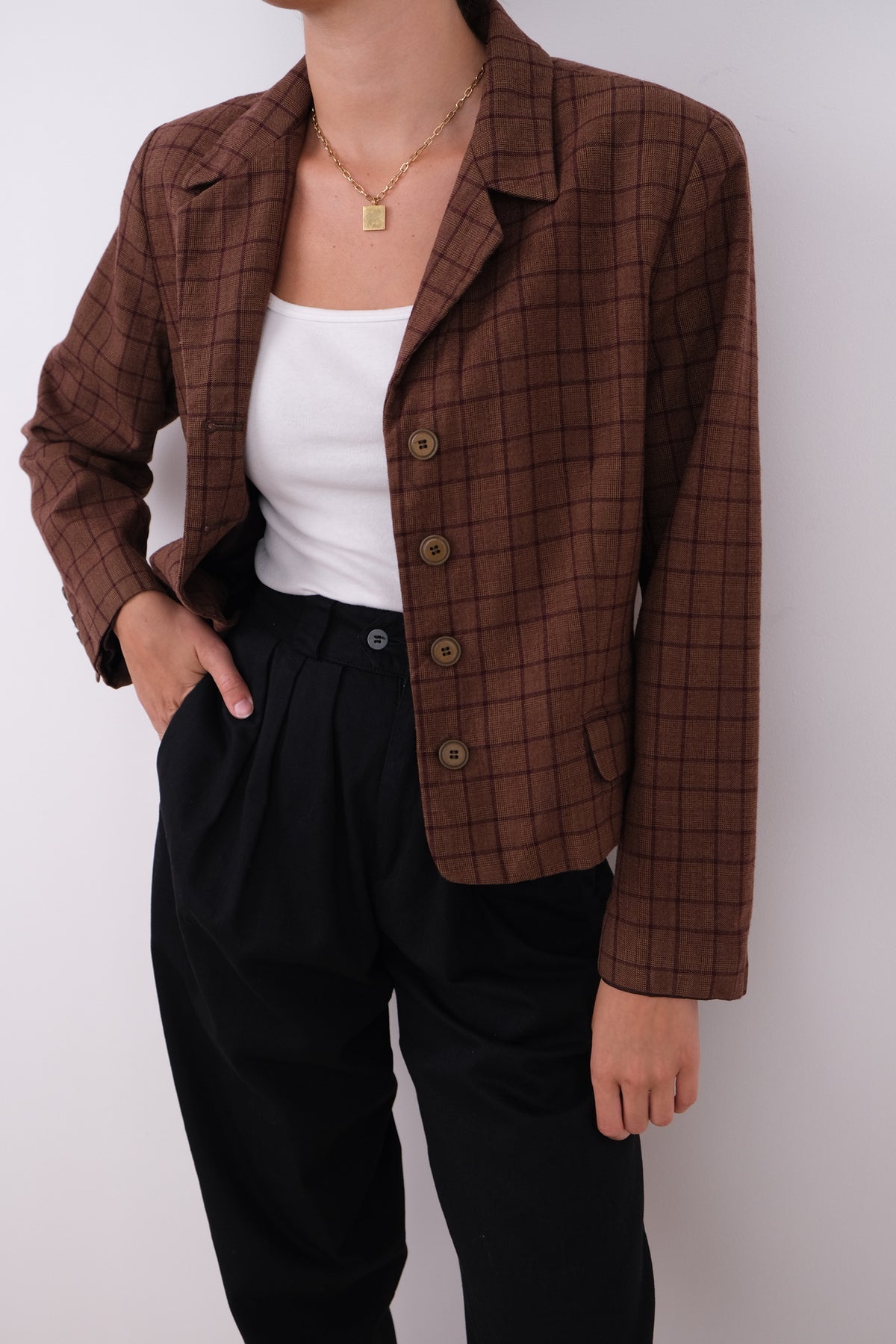 Vintage 90s Chestnut Wool Plaid Blazer