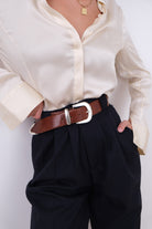Vintage 90s Chestnut Genuine Leather Silver-Tone Buckle Belt