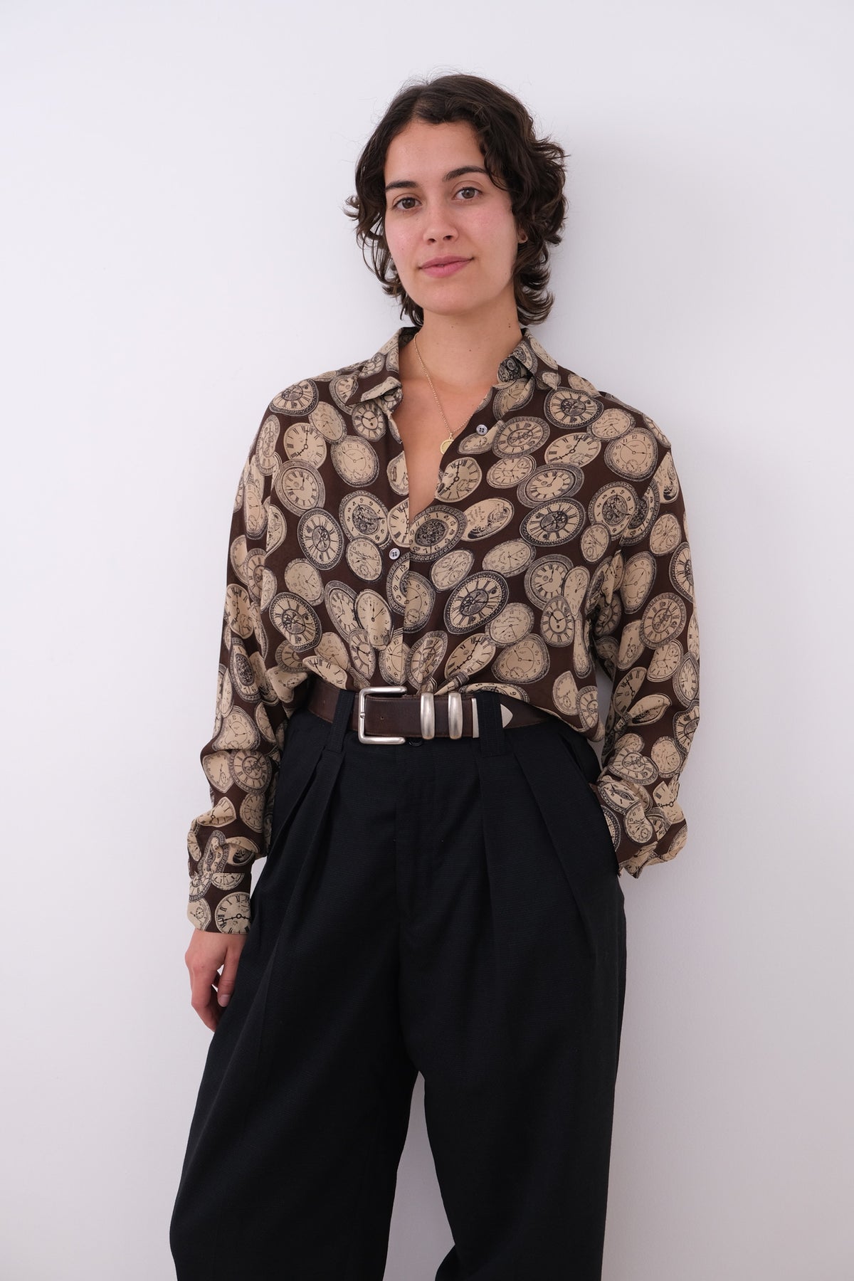 Vintage 90s Sepia Silk Medallion Print Button Up Shirt