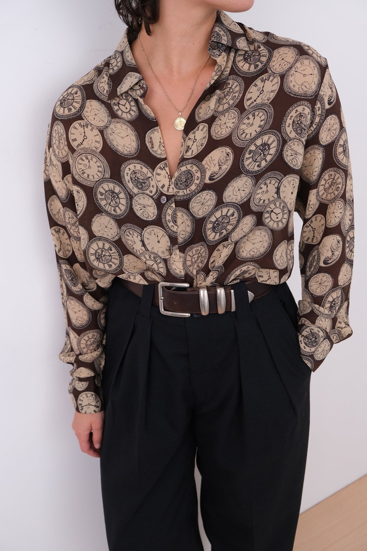 Vintage 90s Sepia Silk Medallion Print Button Up Shirt