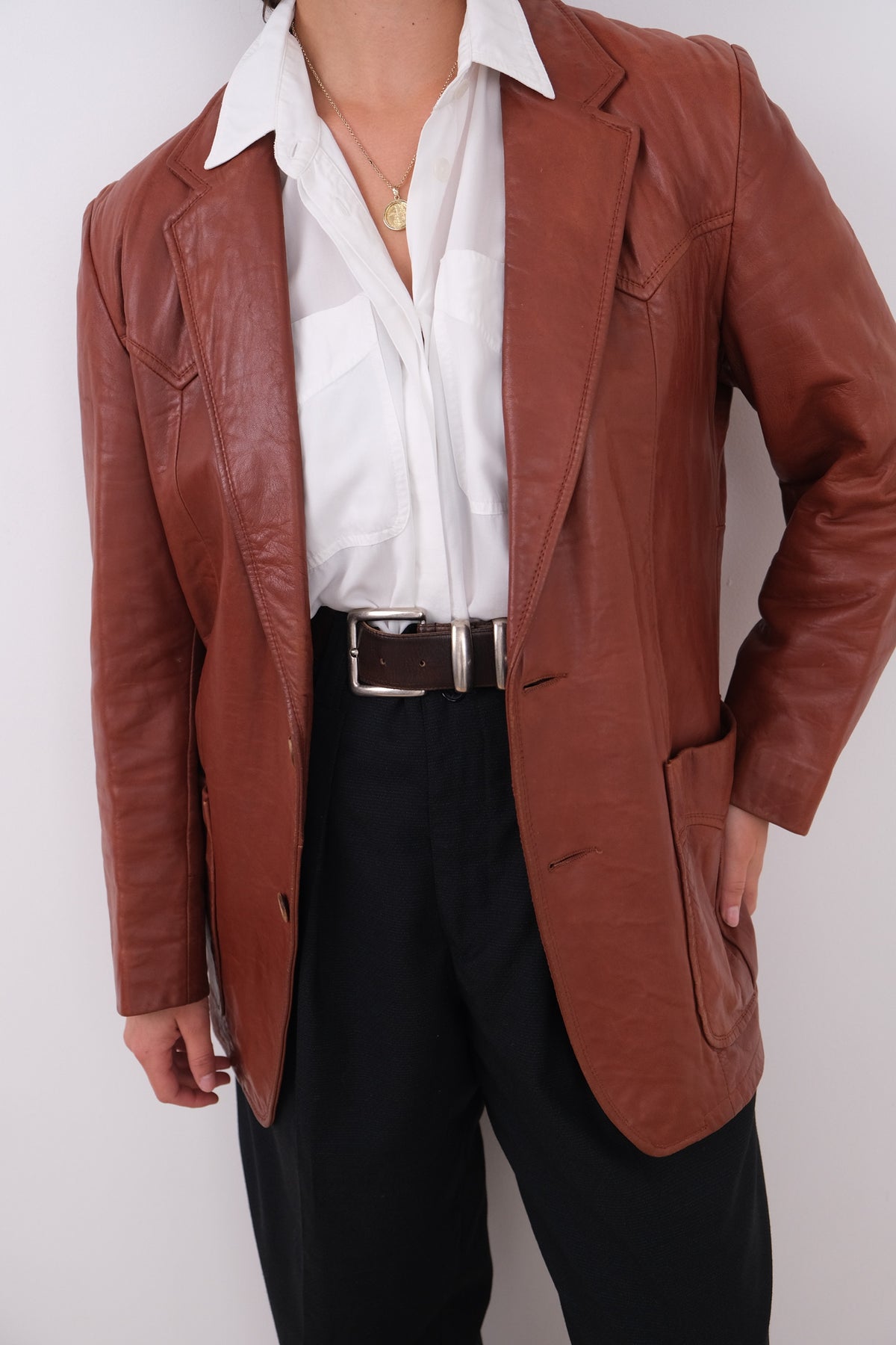 Vintage 70s Cognac Leather Two-Button Blazer