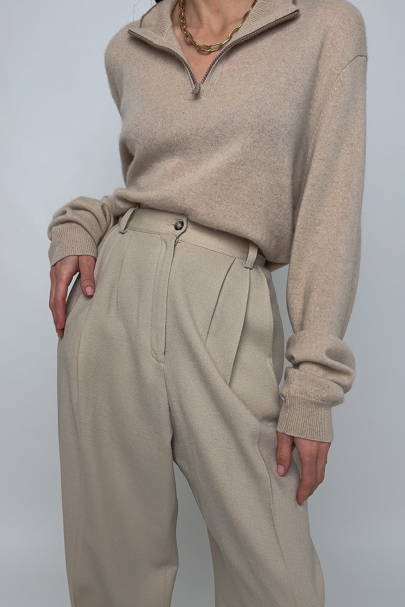 Vintage Sand Wool High Waisted Cuffed Trousers (Rosella)