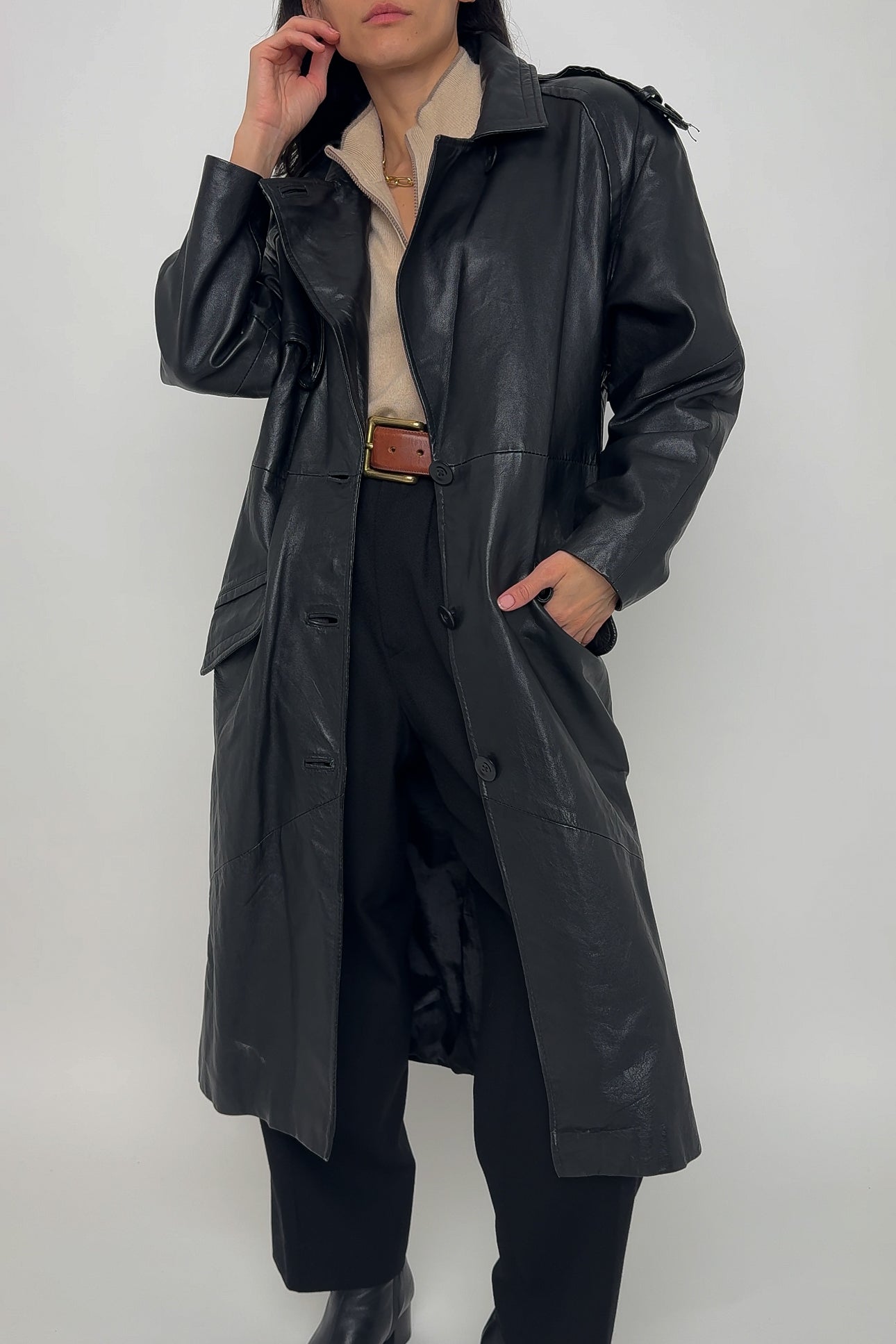 Vintage Obsidian Leather Trench Coat