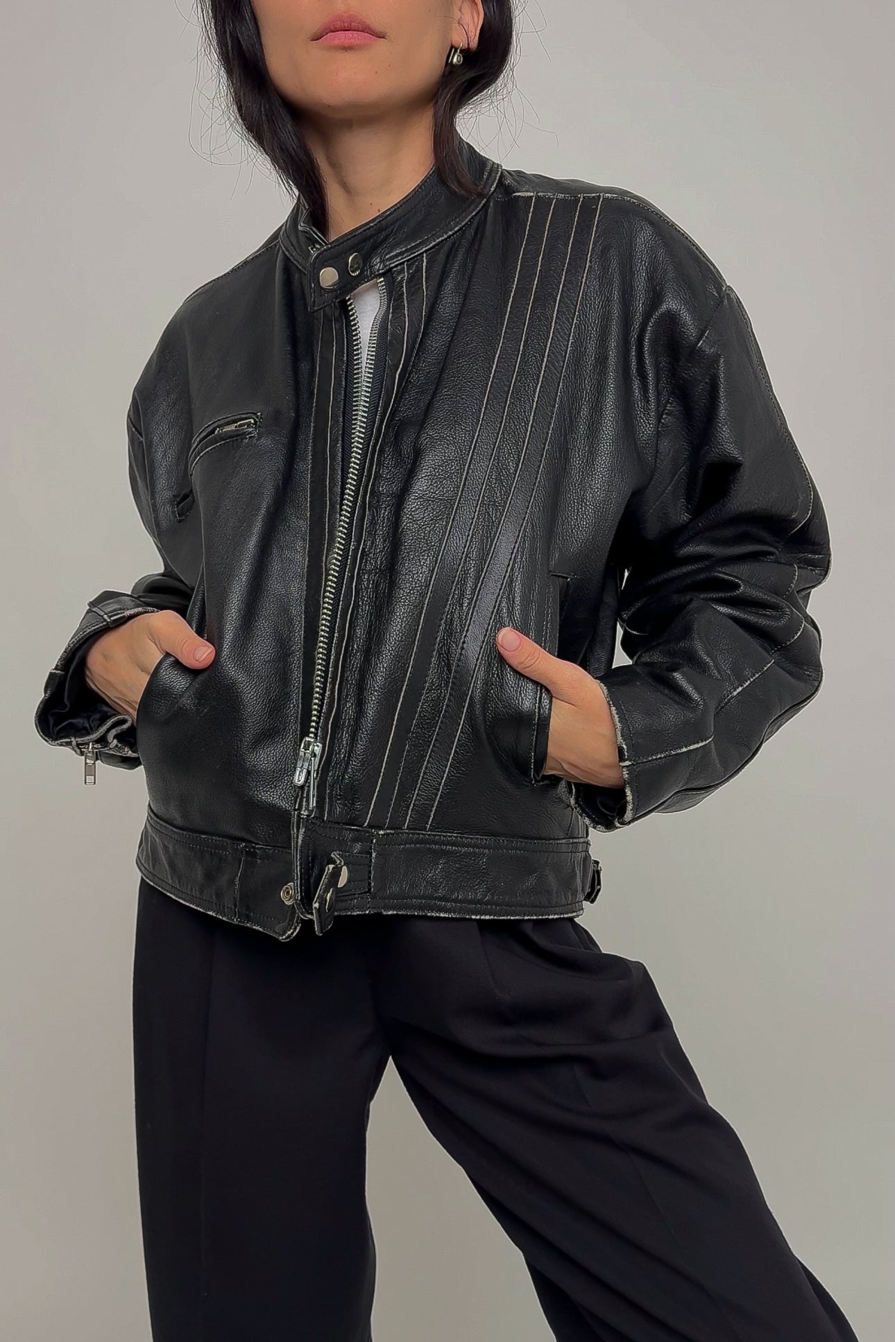 Vintage Carbon Leather Zip-Up Moto Jacket