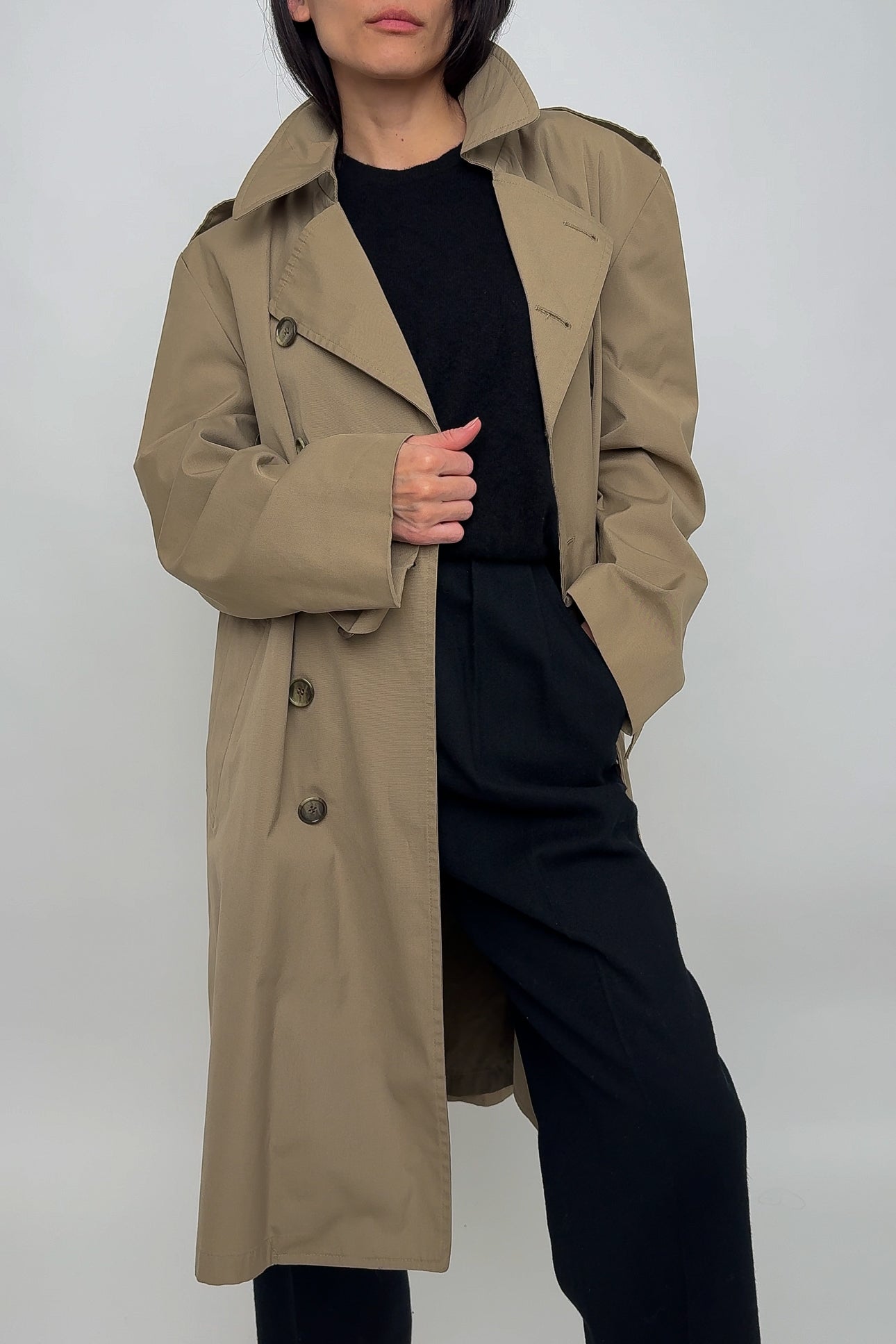 Vintage Taupe Cotton Blend Double Breasted Trench Coat